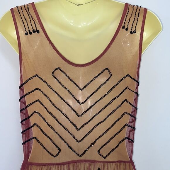 Free People  Dress Wine Mesh Beaded Sheer Net Dress Excellent Size Small - Picture 7 of 8